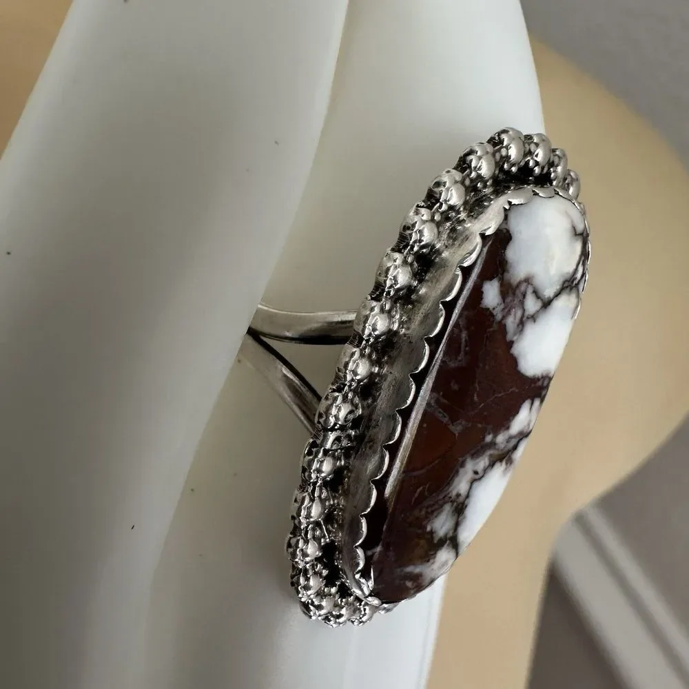 VTG Navajo James Shay Ring Wild Horse Stone Size 8.5 Sterling Silver Floral 9.9g